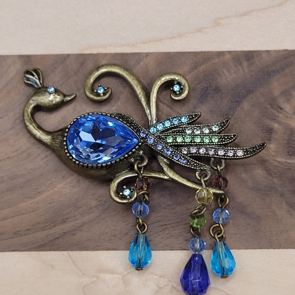 Large Vintage Peacock Brass Tone Blue Aqua Rhinestone Bangle Pin Brooch